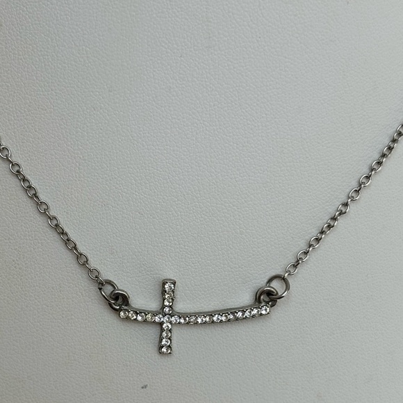 Curved sideways cross pendant necklace/ clear rhinestones/ silver tone - Picture 1 of 9